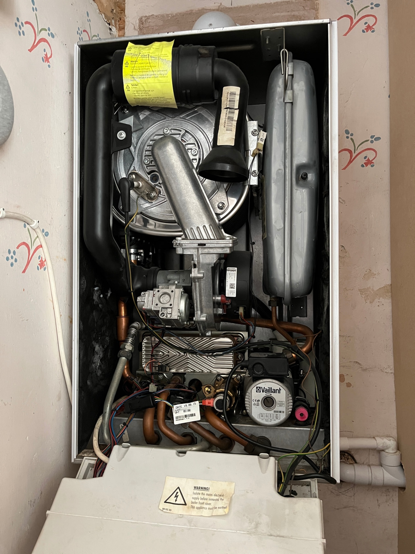 Vaillant boiler internals inspected during a boiler service